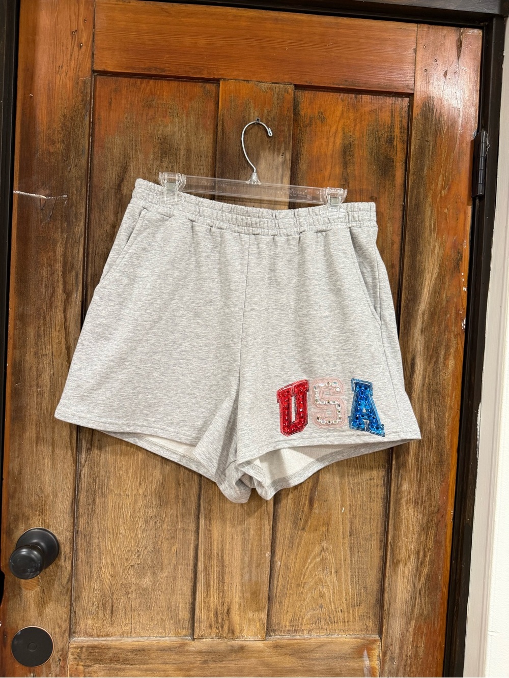 QUEEN OF SPARKLES Gray Women's Bermuda Shorts with Red, White & Blue Sequin USA